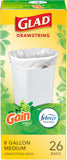 Glad Trash Bags, Medium Drawstring Garbage Bags, 8 Gal, Gain Original Scent with Febreze, 26 Ct (pack of 1), Pack May Vary