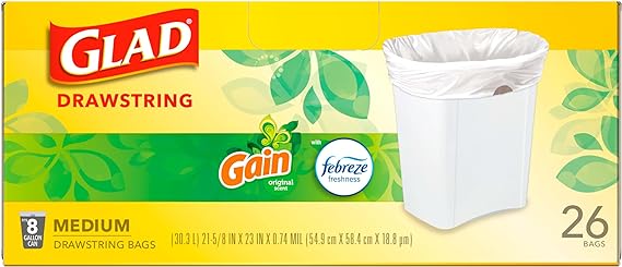 Glad Trash Bags, Medium Drawstring Garbage Bags, 8 Gal, Gain Original Scent with Febreze, 26 Ct (pack of 1), Pack May Vary