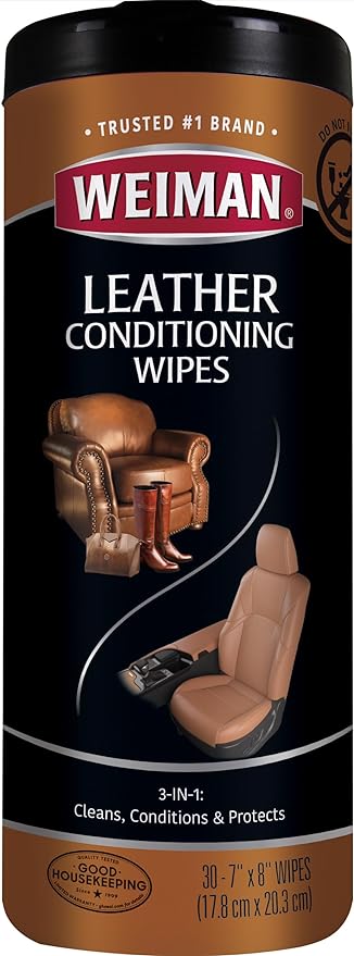 Weiman Leather Cleaner & Conditioner Wipes With UV Protection, Prevent Cracking Or Fading Of Leather Couches, Car Seats, Shoes, Purses - 30 ct